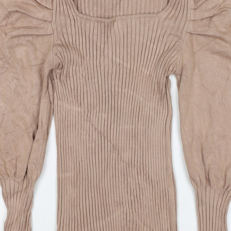 Quiz Women Brown L Ribbed Knit Square Neck Puff Sleeve Blouse