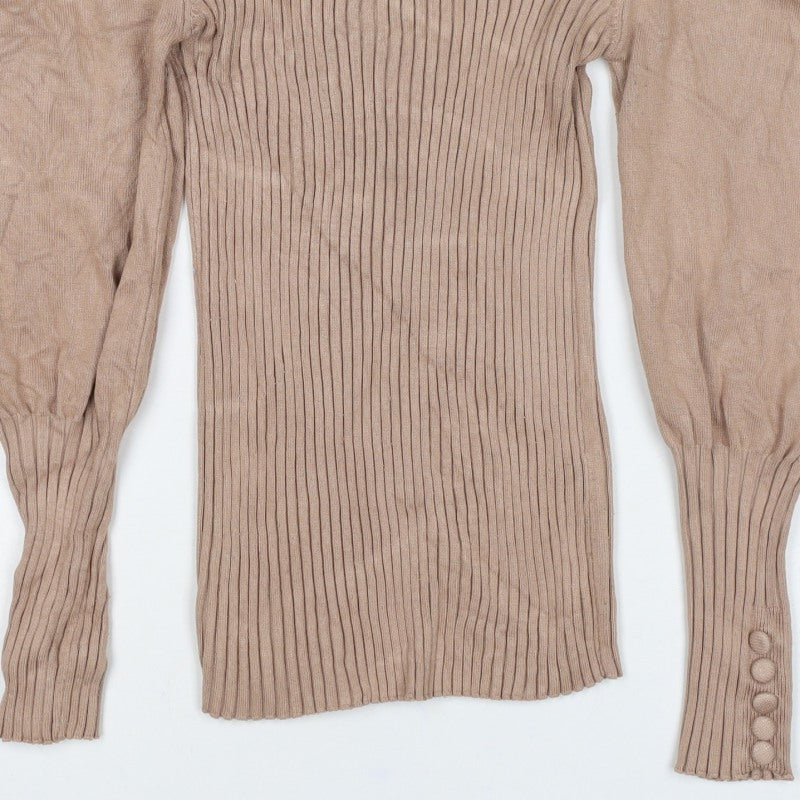 Quiz Women Brown L Ribbed Knit Square Neck Puff Sleeve Blouse