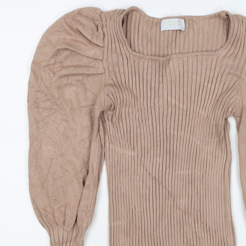 Quiz Women Brown L Ribbed Knit Square Neck Puff Sleeve Blouse