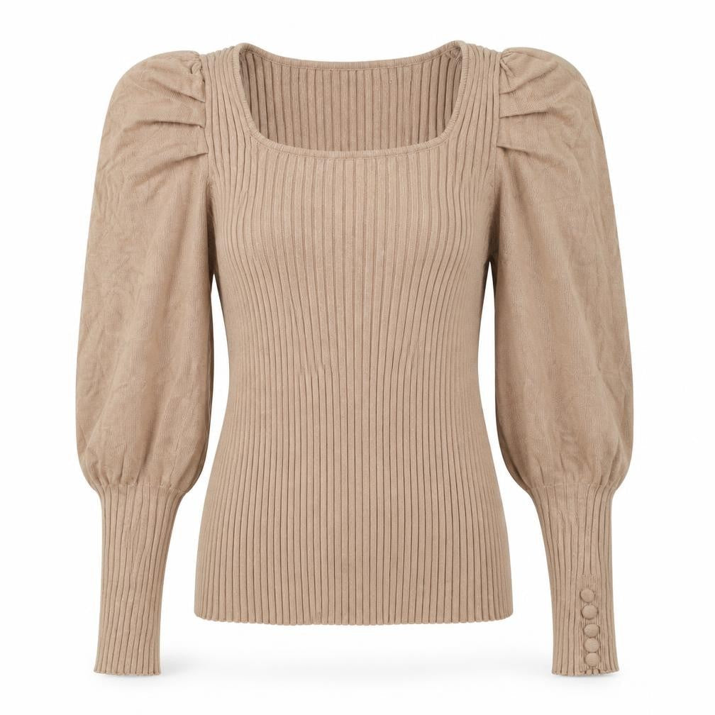 Quiz Women Brown L Ribbed Knit Square Neck Puff Sleeve Blouse