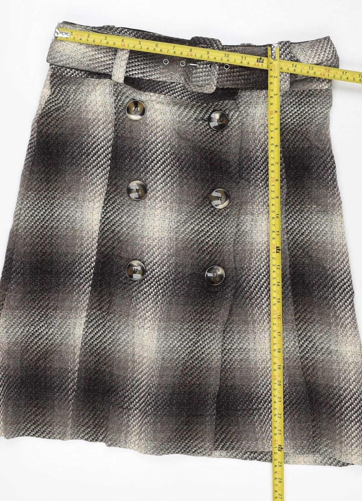 Next Women Brown Check Wool Blend Belted Wrap Mini Skirt UK 12