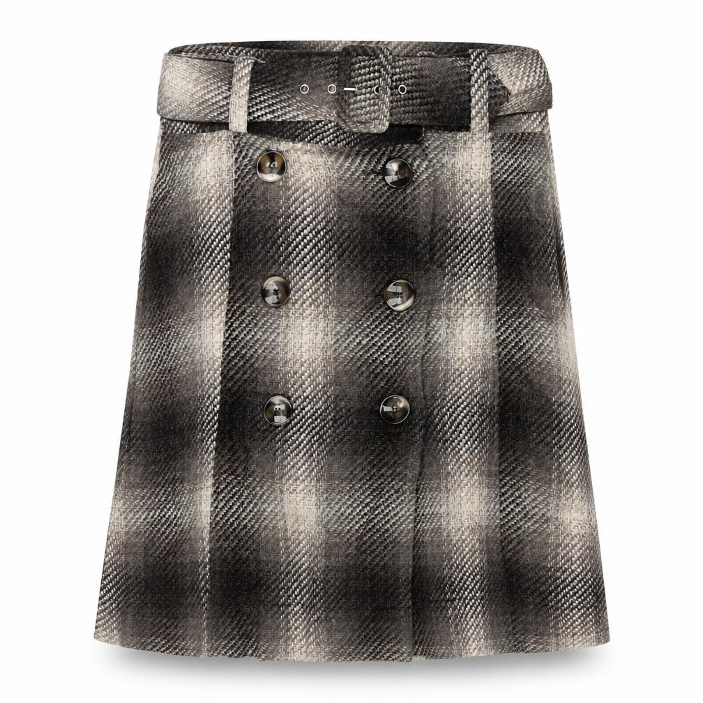 Next Women Brown Check Wool Blend Belted Wrap Mini Skirt UK 12