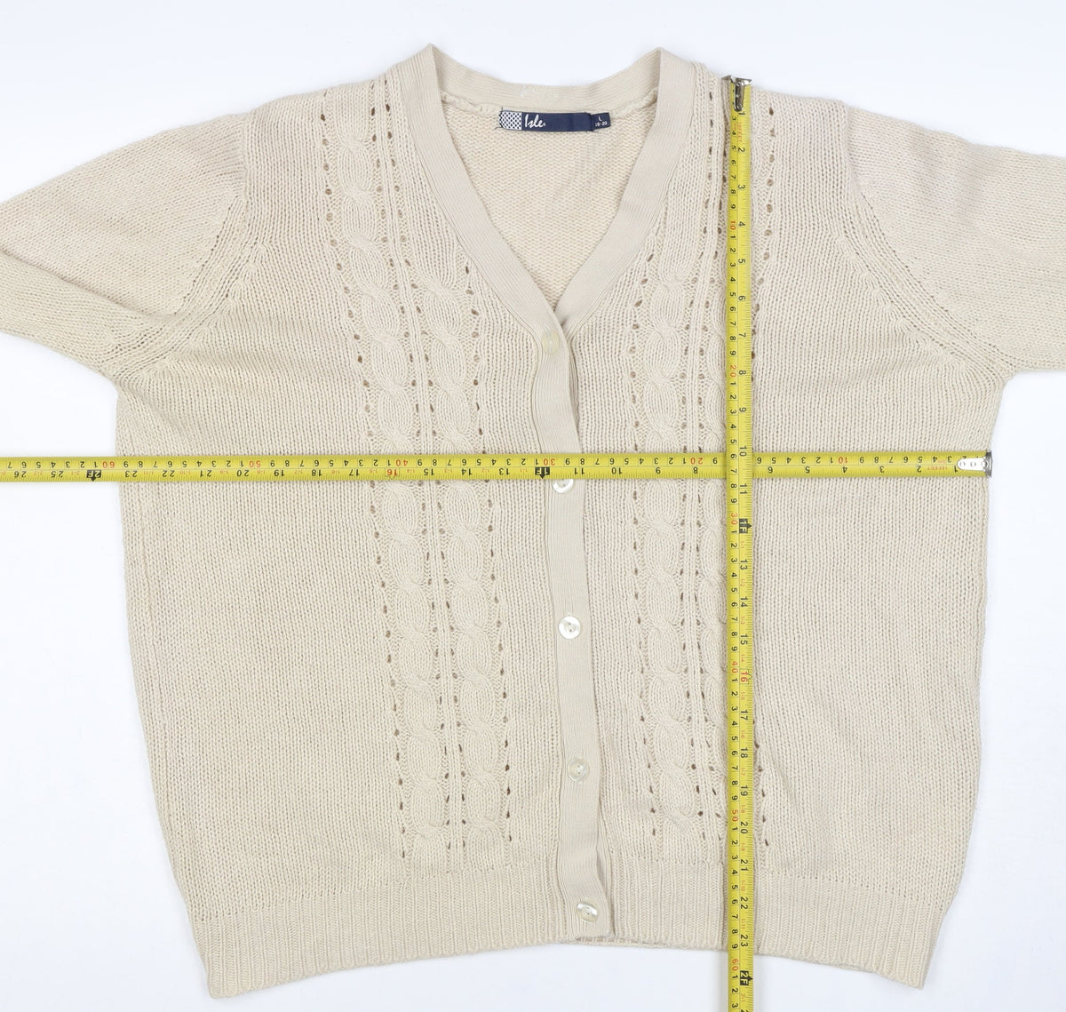 Isle Women’s Beige Cable Knit V-Neck Cardigan UK 18-20 Long Sleeve