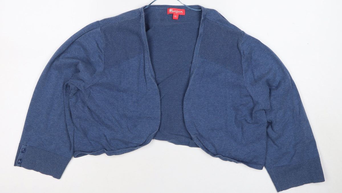 Monsoon Women Blue XL Open Knit Cropped Cardigan Long Sleeve