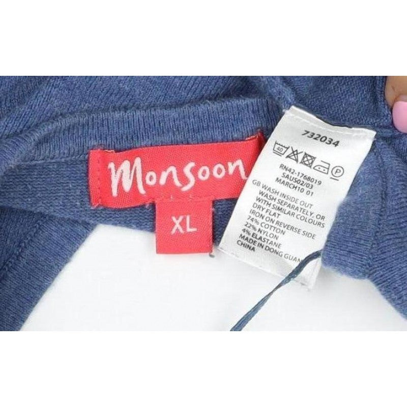 Monsoon Women Blue XL Open Knit Cropped Cardigan Long Sleeve