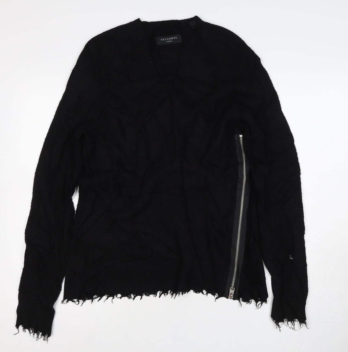 AllSaints Men Black XS Distressed Wool Cashmere Zip Cardigan
