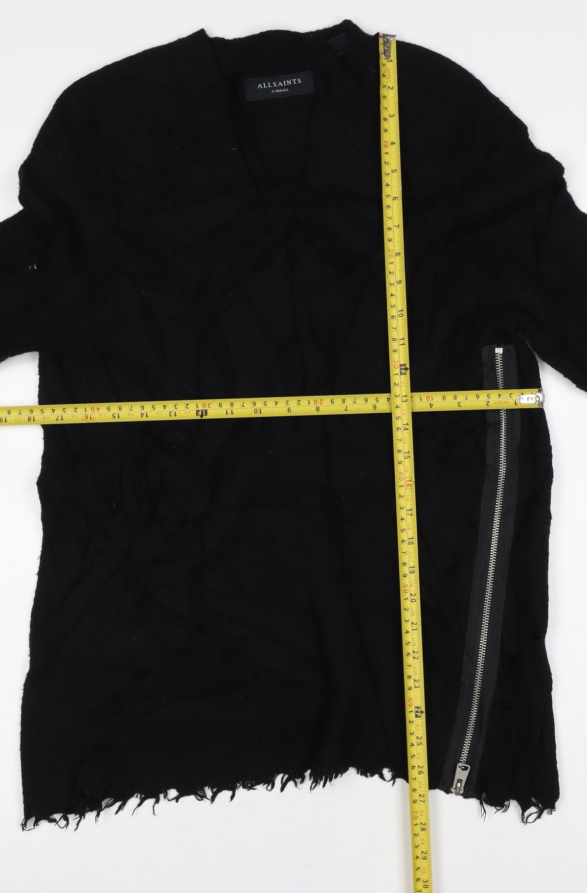 AllSaints Men Black XS Distressed Wool Cashmere Zip Cardigan