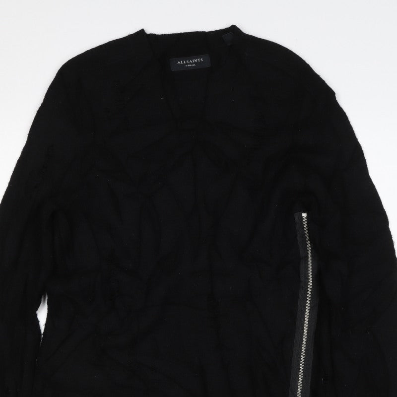 AllSaints Men Black XS Distressed Wool Cashmere Zip Cardigan