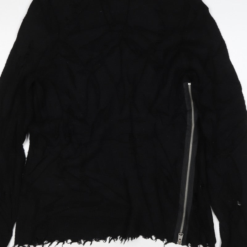AllSaints Men Black XS Distressed Wool Cashmere Zip Cardigan