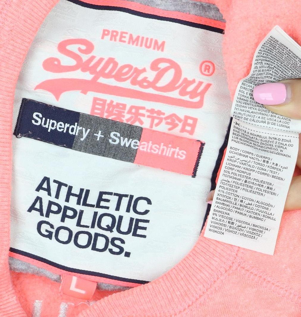 Superdry Women Pink L Pullover Sweatshirt Logo Graphic Raglan Crew Neck
