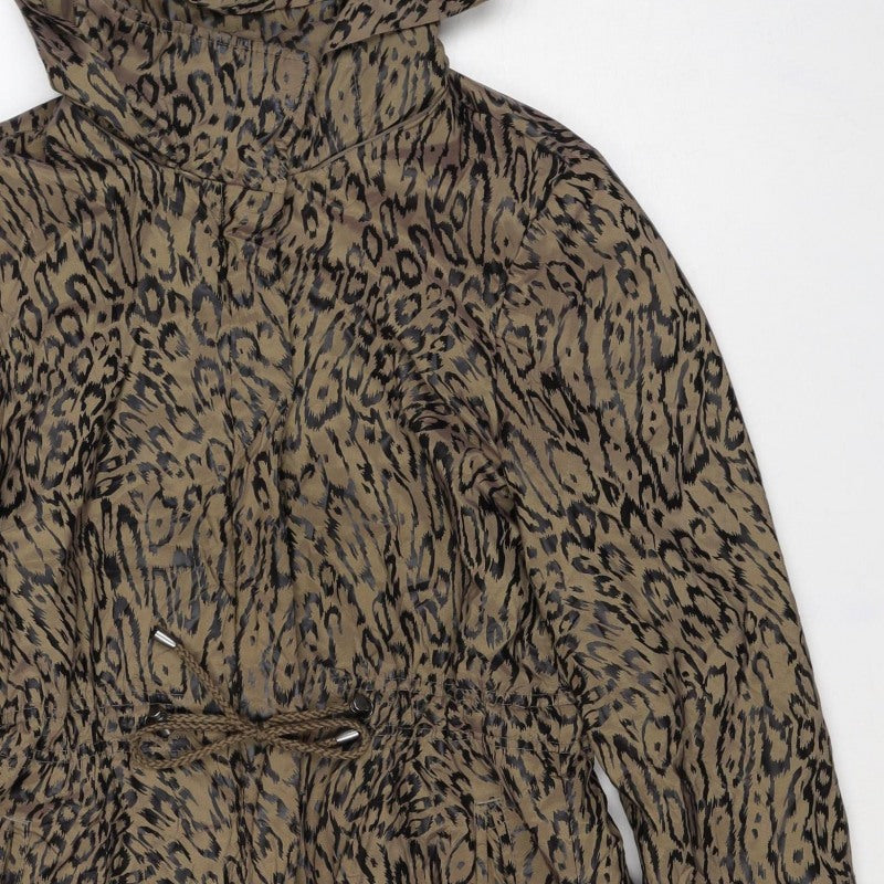 Jaeger Women Brown Animal Print Hooded Long Parka Jacket Size 8