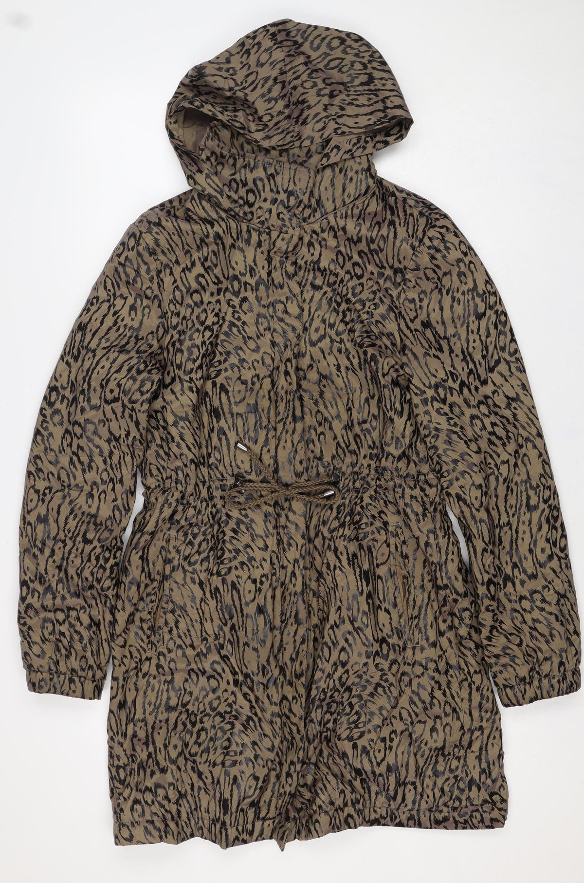 Jaeger Women Brown Animal Print Hooded Long Parka Jacket Size 8