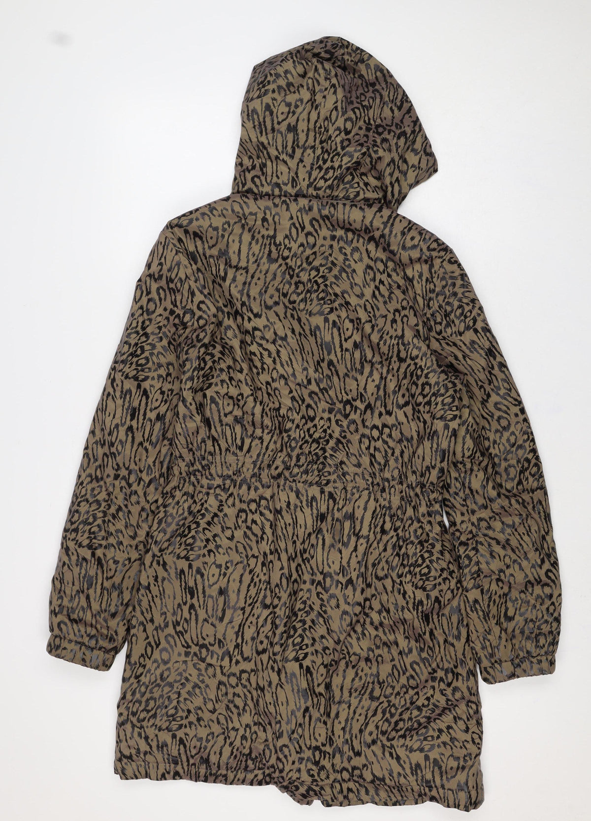 Jaeger Women Brown Animal Print Hooded Long Parka Jacket Size 8