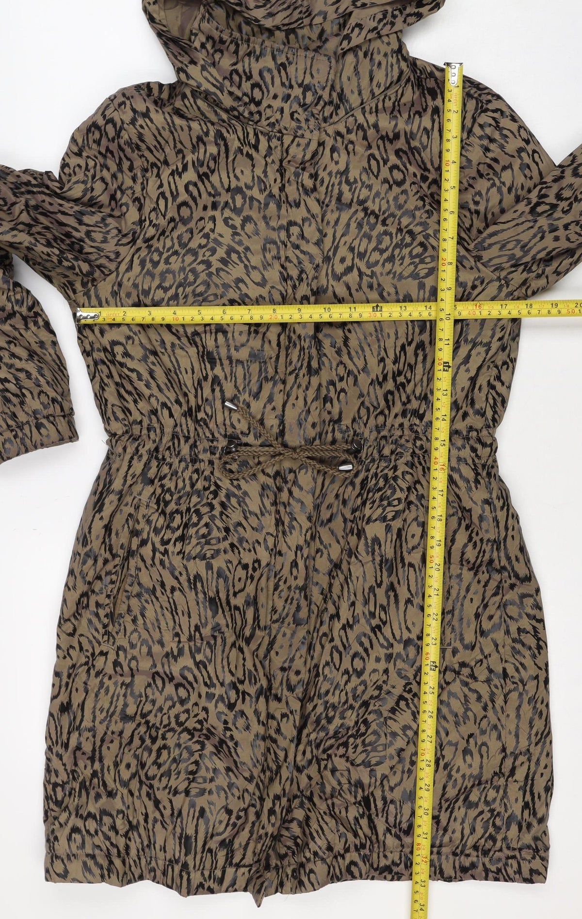Jaeger Women Brown Animal Print Hooded Long Parka Jacket Size 8