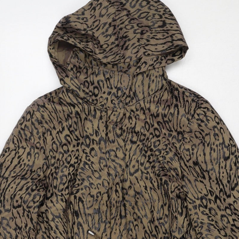 Jaeger Women Brown Animal Print Hooded Long Parka Jacket Size 8