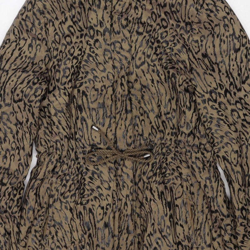 Jaeger Women Brown Animal Print Hooded Long Parka Jacket Size 8
