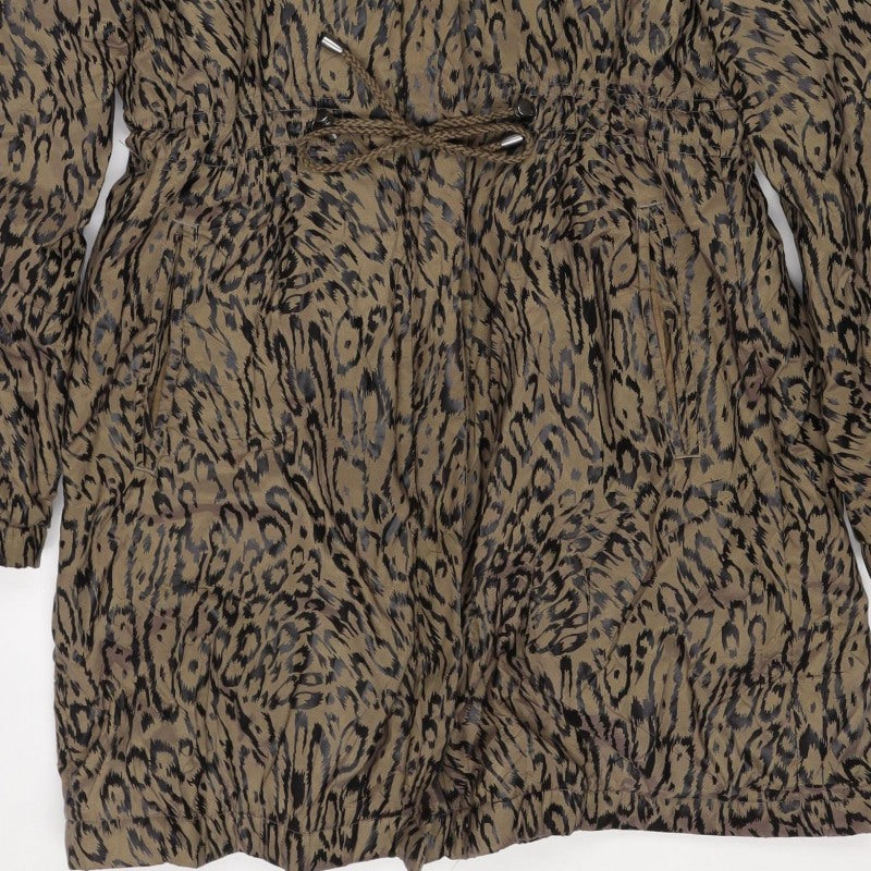 Jaeger Women Brown Animal Print Hooded Long Parka Jacket Size 8