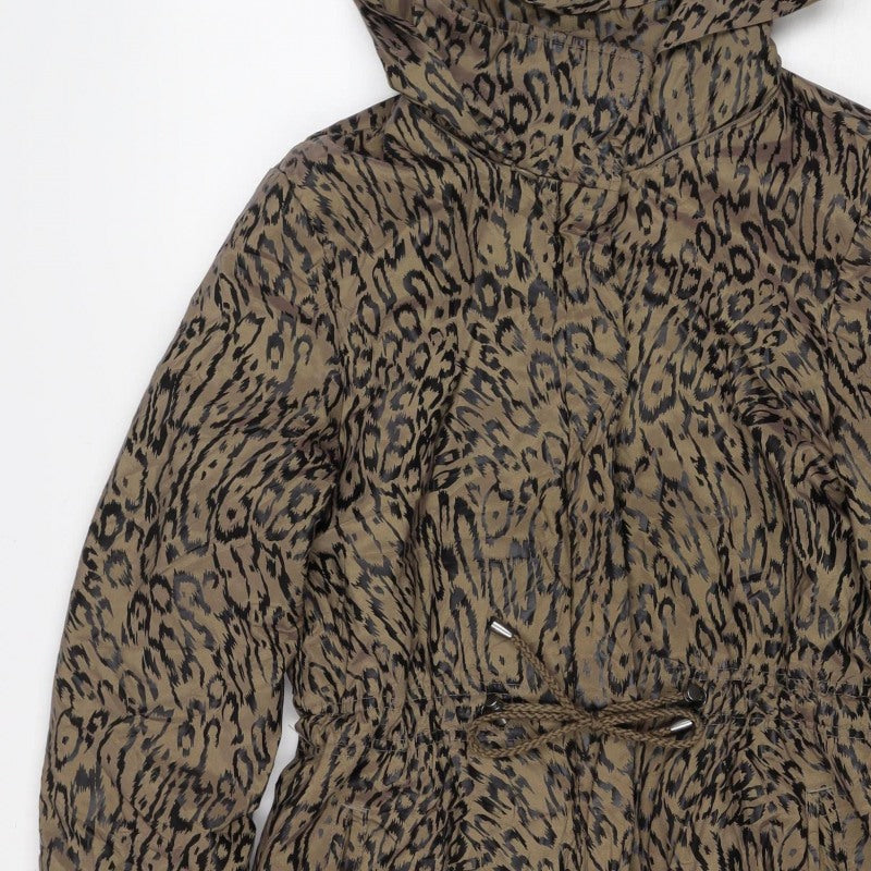 Jaeger Women Brown Animal Print Hooded Long Parka Jacket Size 8