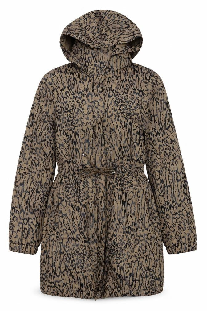 Jaeger Women Brown Animal Print Hooded Long Parka Jacket Size 8