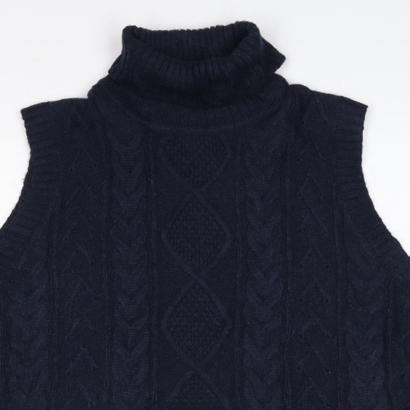 Marks and Spencer Men's Navy L Cable Knit Wool Roll Neck Vest