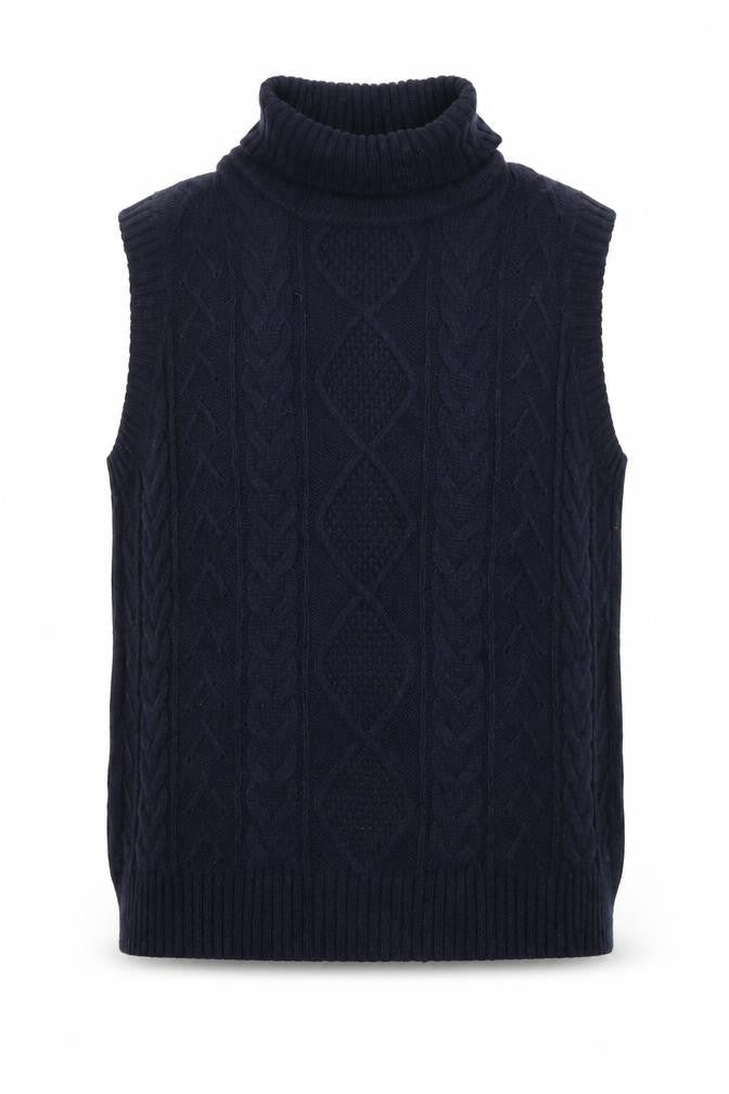 Marks and Spencer Men's Navy L Cable Knit Wool Roll Neck Vest