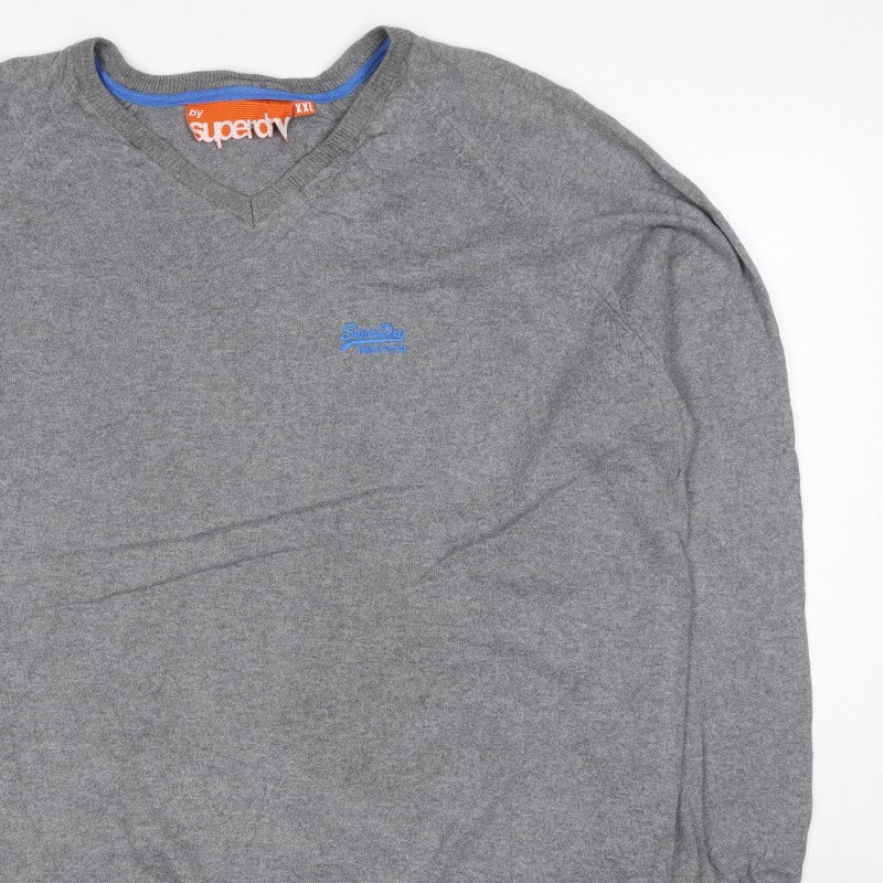 Superdry Men’s Grey 2XL V-Neck Cotton Knit Logo Pullover Jumper