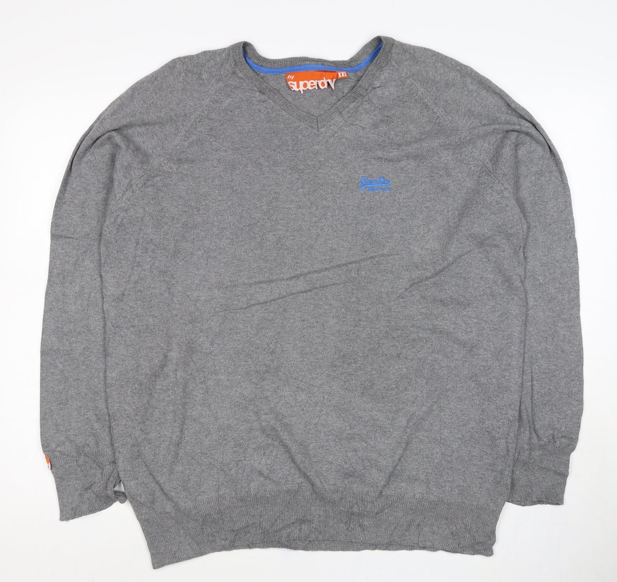 Superdry Men’s Grey 2XL V-Neck Cotton Knit Logo Pullover Jumper