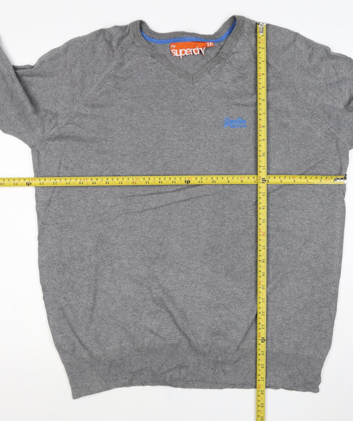 Superdry Men’s Grey 2XL V-Neck Cotton Knit Logo Pullover Jumper
