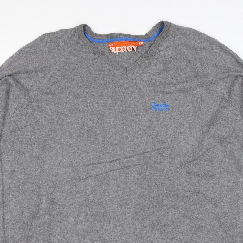 Superdry Men’s Grey 2XL V-Neck Cotton Knit Logo Pullover Jumper