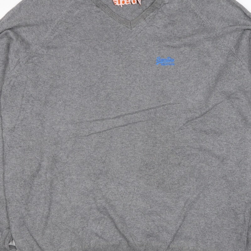 Superdry Men’s Grey 2XL V-Neck Cotton Knit Logo Pullover Jumper