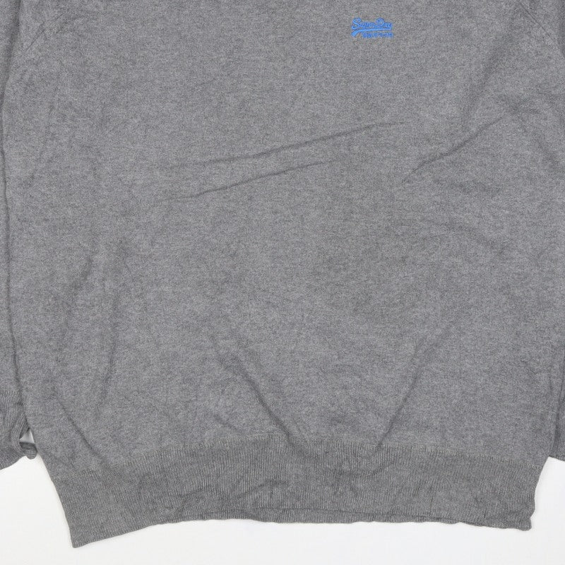 Superdry Men’s Grey 2XL V-Neck Cotton Knit Logo Pullover Jumper