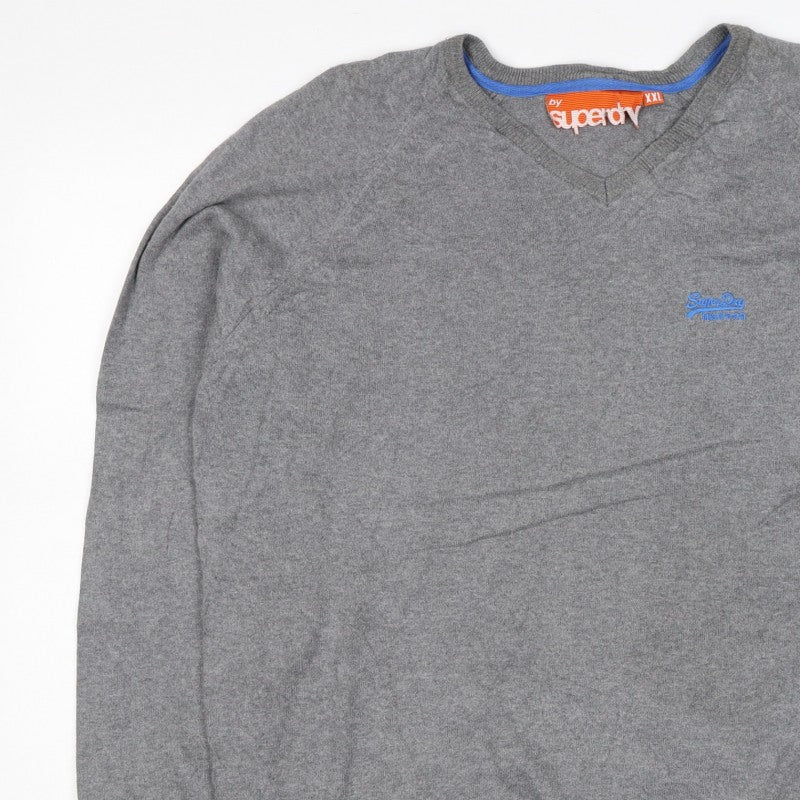 Superdry Men’s Grey 2XL V-Neck Cotton Knit Logo Pullover Jumper