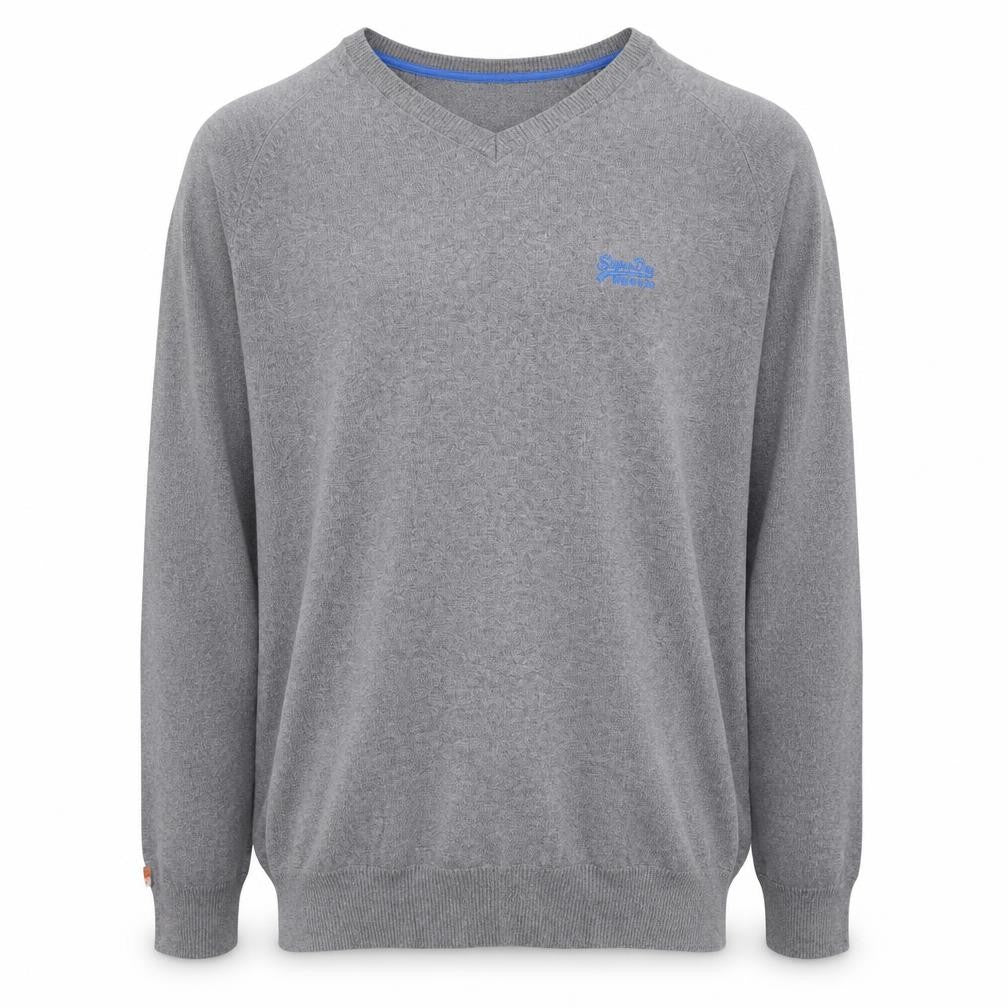 Superdry Men’s Grey 2XL V-Neck Cotton Knit Logo Pullover Jumper