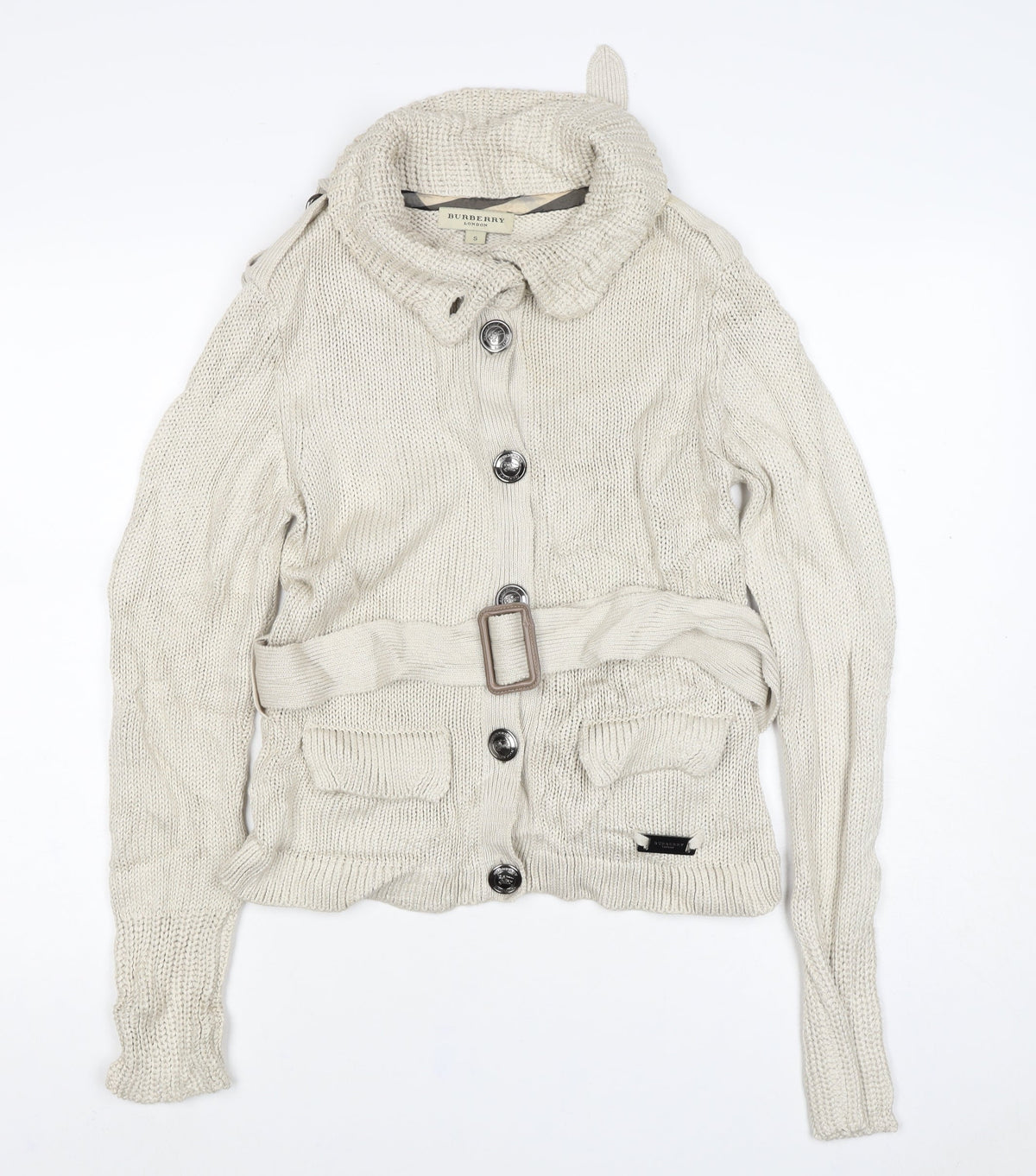 Burberry London Women’s Beige S Belted High Neck Knit Cardigan