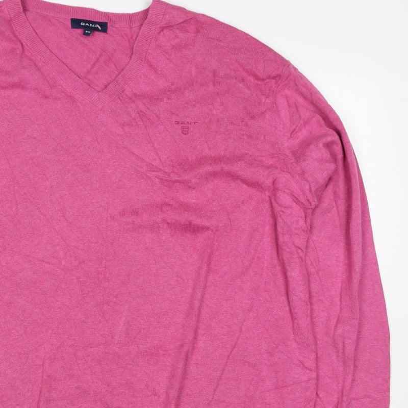 GANT Men’s Pink 2XL Cotton V-Neck Logo Pullover Jumper