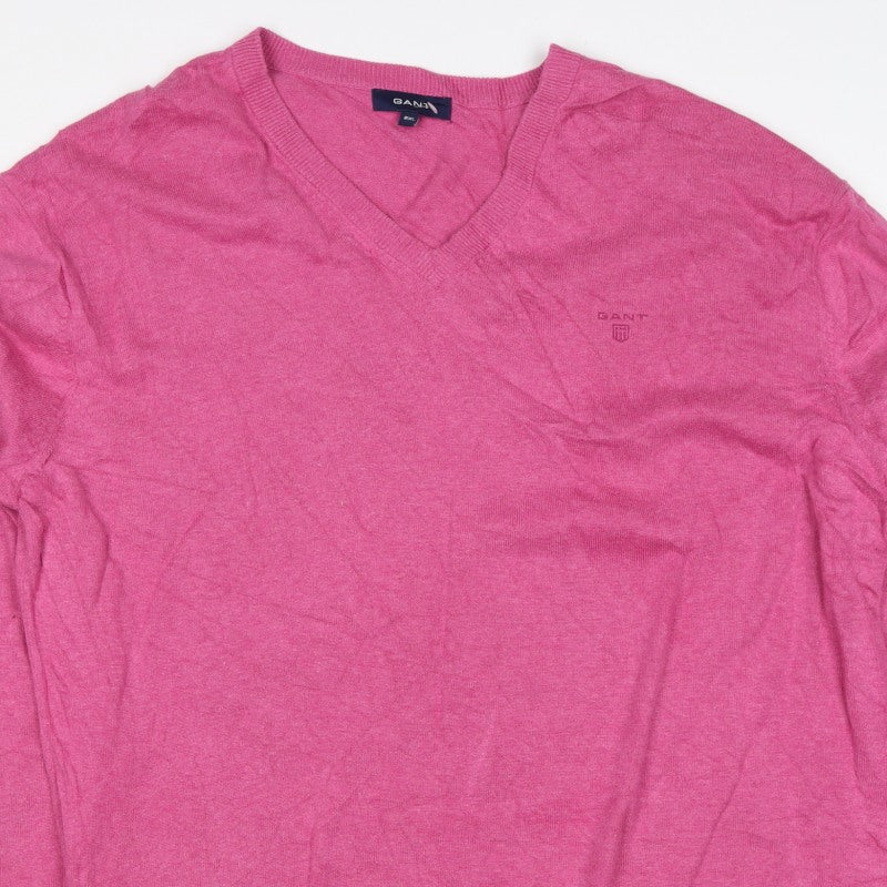 GANT Men’s Pink 2XL Cotton V-Neck Logo Pullover Jumper