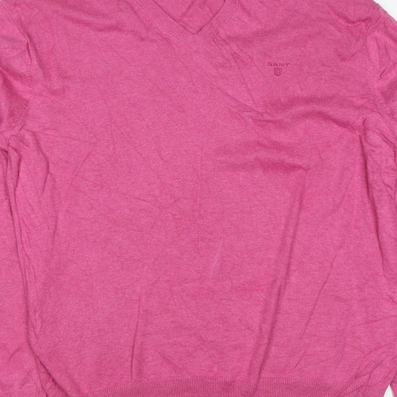 GANT Men’s Pink 2XL Cotton V-Neck Logo Pullover Jumper