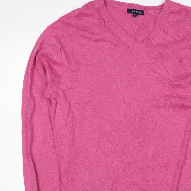 GANT Men’s Pink 2XL Cotton V-Neck Logo Pullover Jumper