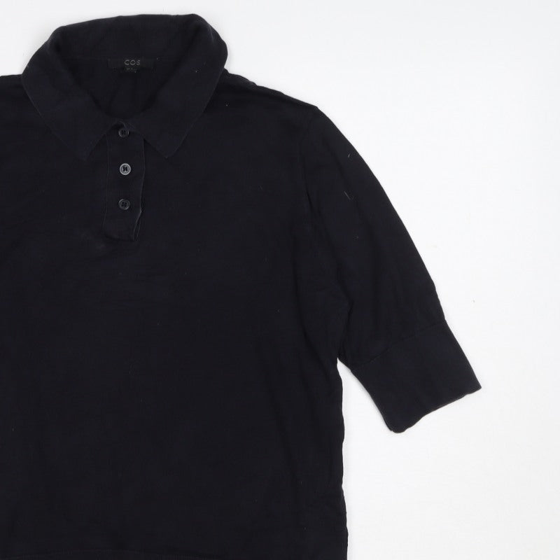 COS Women Black UK 14 Silk Cotton 3/4 Sleeve Basic Polo Top