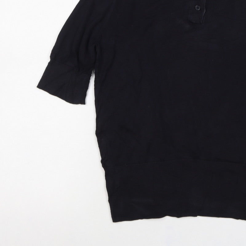 COS Women Black UK 14 Silk Cotton 3/4 Sleeve Basic Polo Top