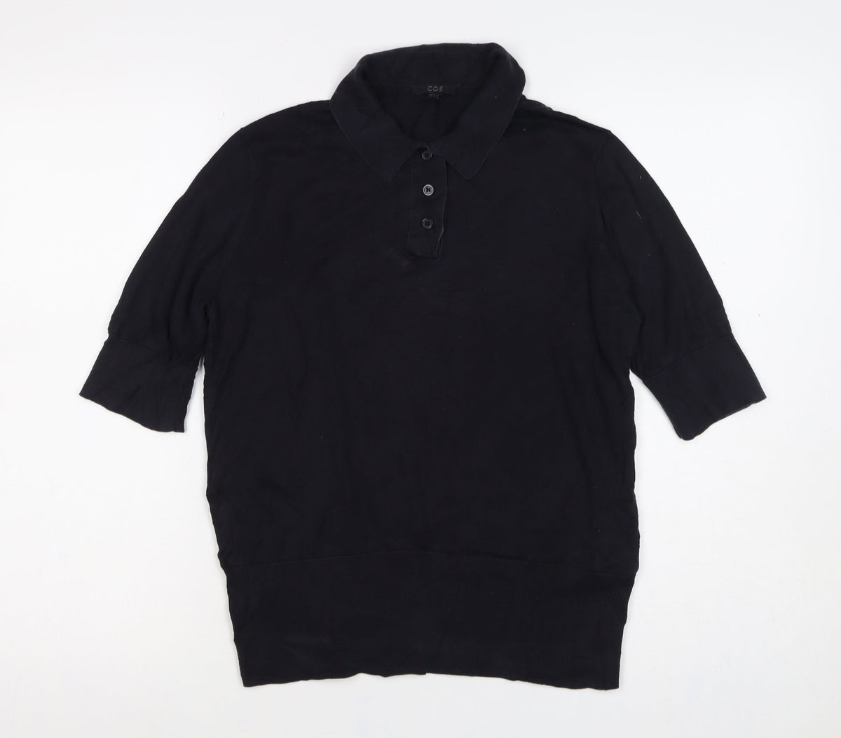 COS Women Black UK 14 Silk Cotton 3/4 Sleeve Basic Polo Top