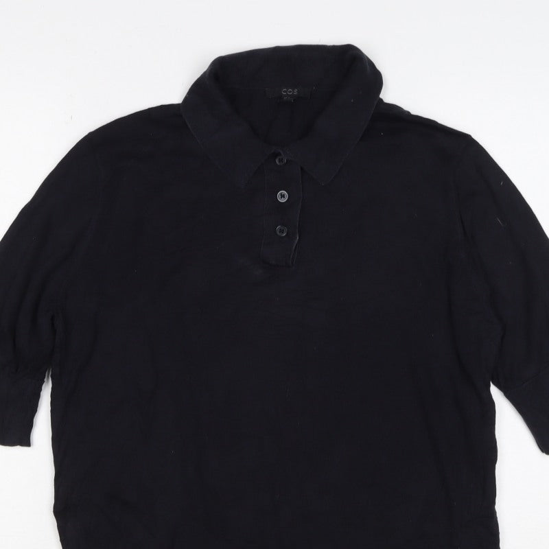 COS Women Black UK 14 Silk Cotton 3/4 Sleeve Basic Polo Top