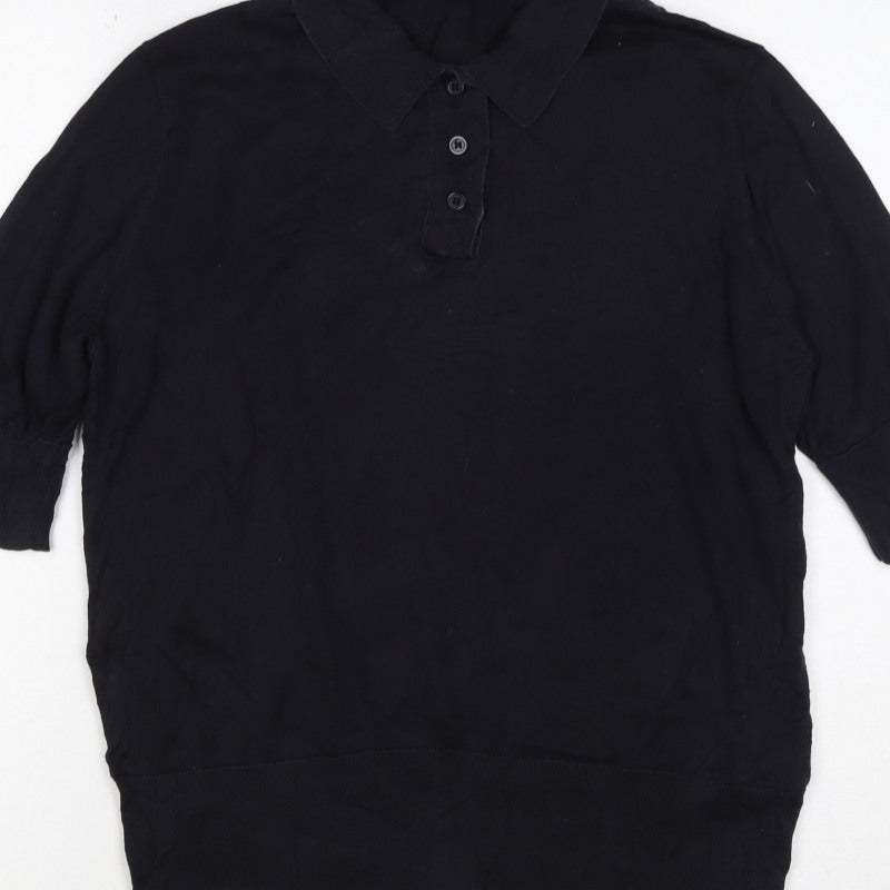 COS Women Black UK 14 Silk Cotton 3/4 Sleeve Basic Polo Top