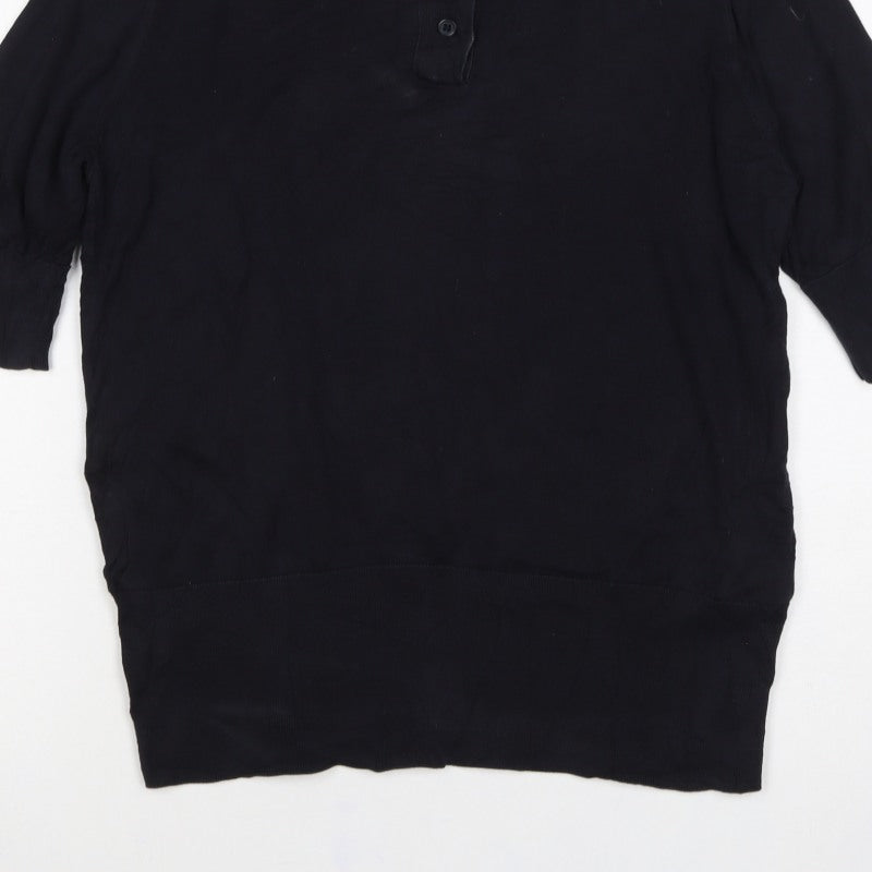 COS Women Black UK 14 Silk Cotton 3/4 Sleeve Basic Polo Top