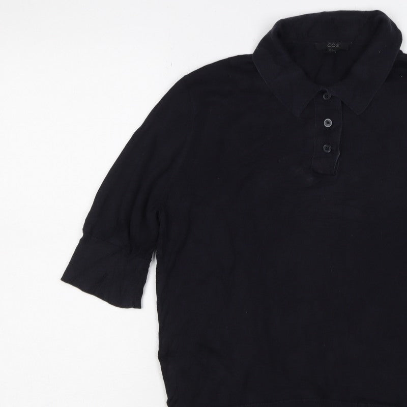 COS Women Black UK 14 Silk Cotton 3/4 Sleeve Basic Polo Top