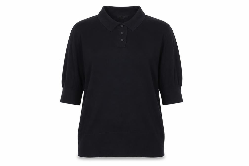 COS Women Black UK 14 Silk Cotton 3/4 Sleeve Basic Polo Top