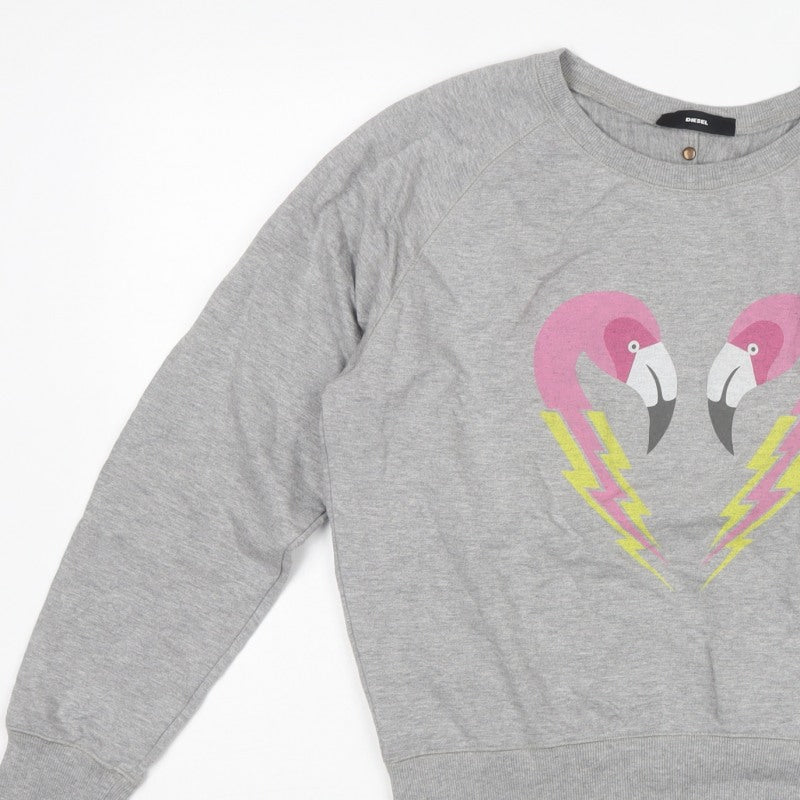 Diesel Women’s Grey XS Flamingo Graphic Cotton Sweatshirt Pullover