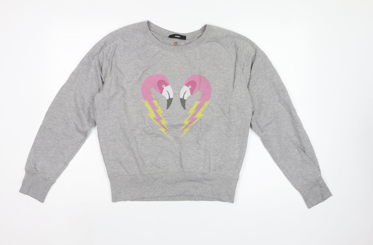 Diesel Women’s Grey XS Flamingo Graphic Cotton Sweatshirt Pullover