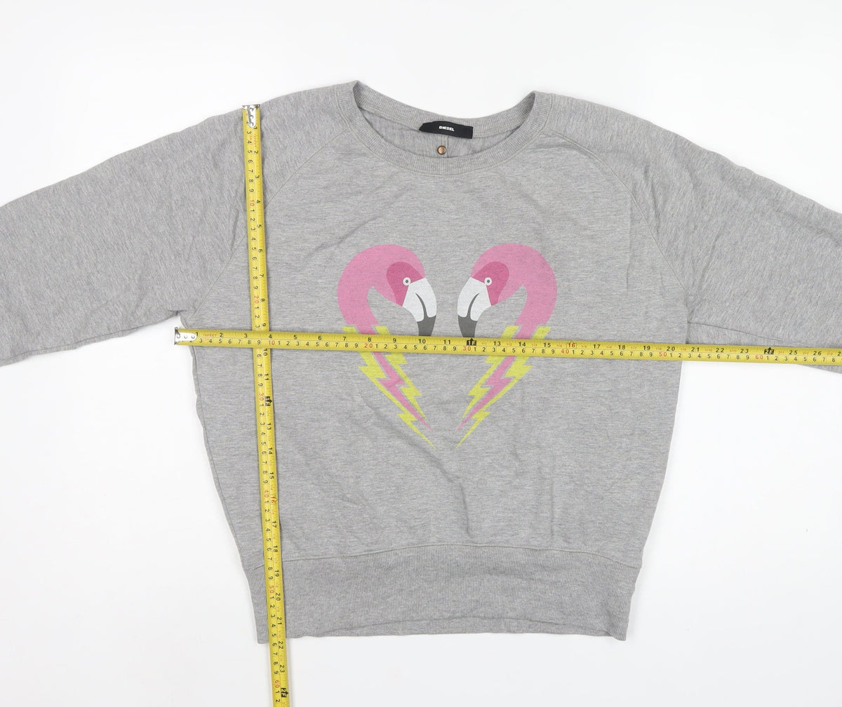 Diesel Women’s Grey XS Flamingo Graphic Cotton Sweatshirt Pullover