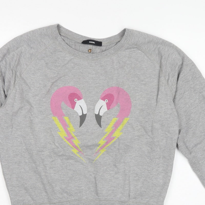 Diesel Women’s Grey XS Flamingo Graphic Cotton Sweatshirt Pullover